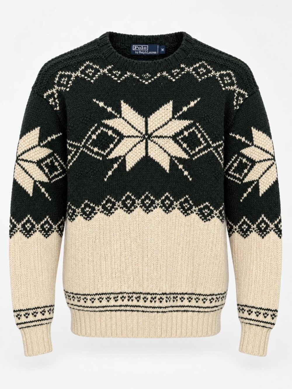 Polo Ralph Lauren Vintage Hand Knit Fair Isle Snowflake Sweater Green Cream M